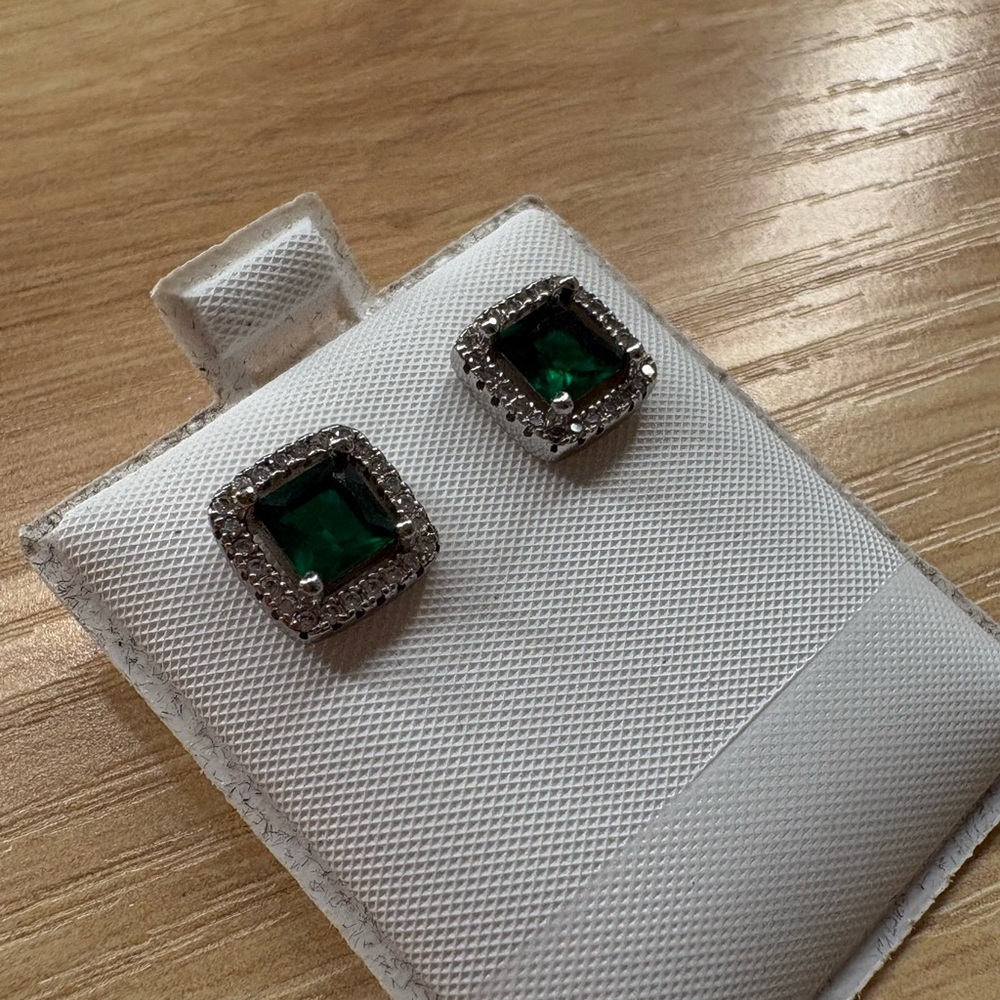 Elegant Silver and Green Stud Earrings